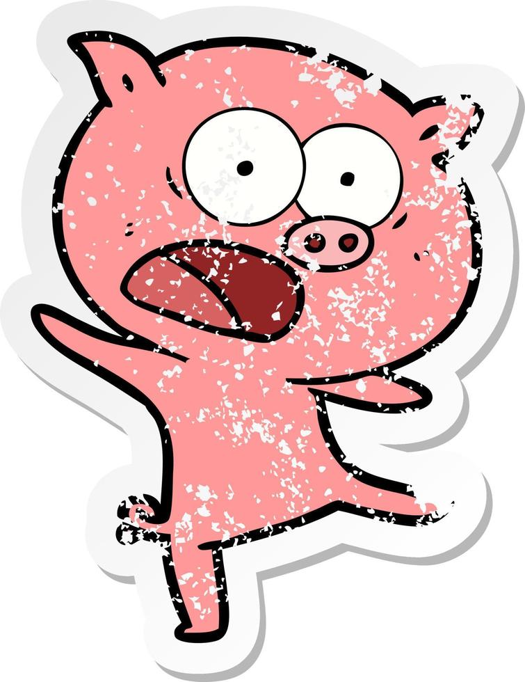 distressed sticker of a cartoon pig shouting vector