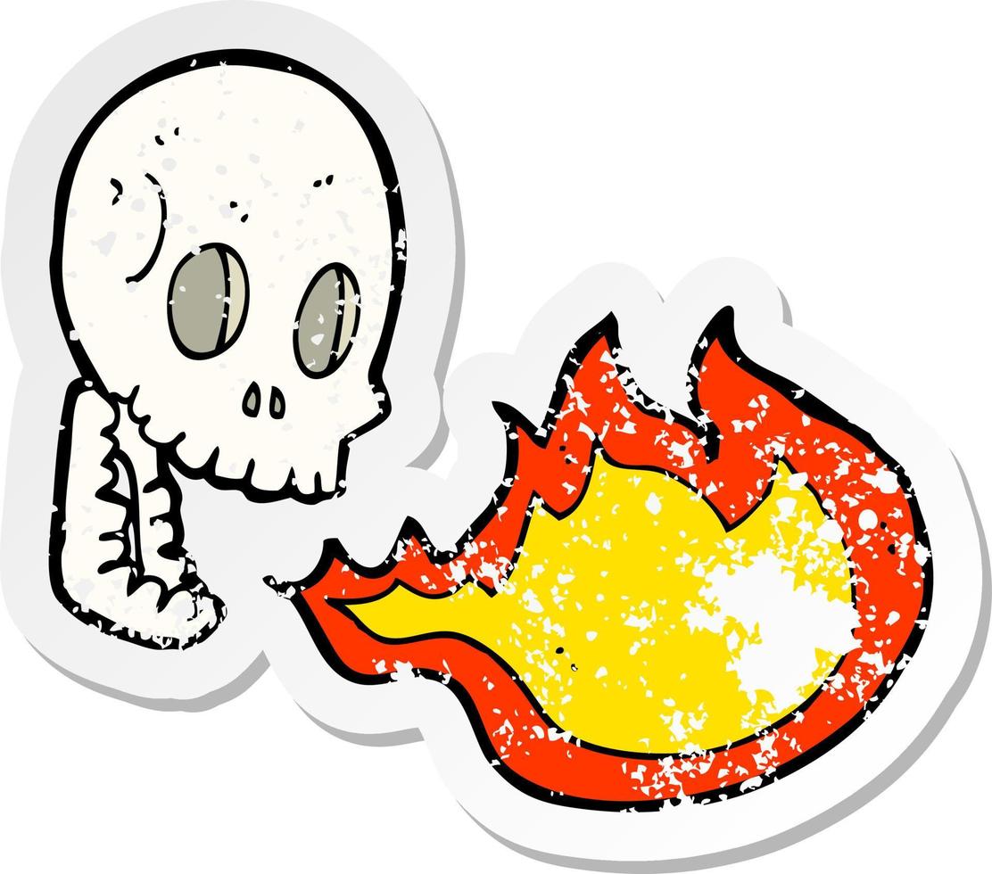 retro distressed sticker of a cartoon fire breathing skull vector