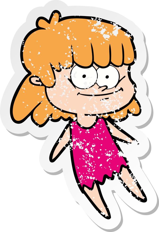 distressed sticker of a cartoon smiling woman vector