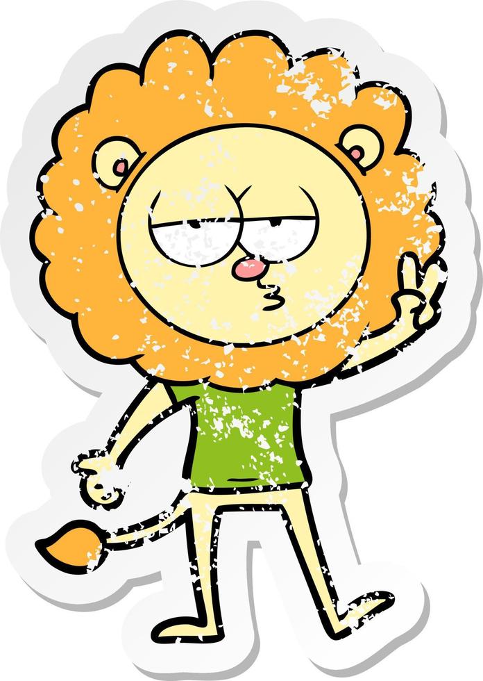 distressed sticker of a cartoon bored lion waving vector