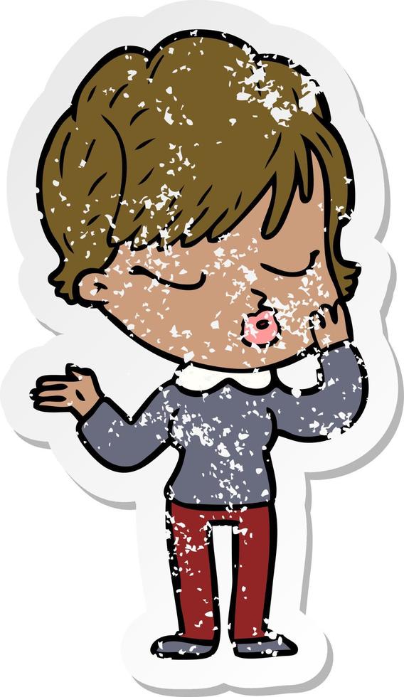 distressed sticker of a cartoon woman with eyes shut vector