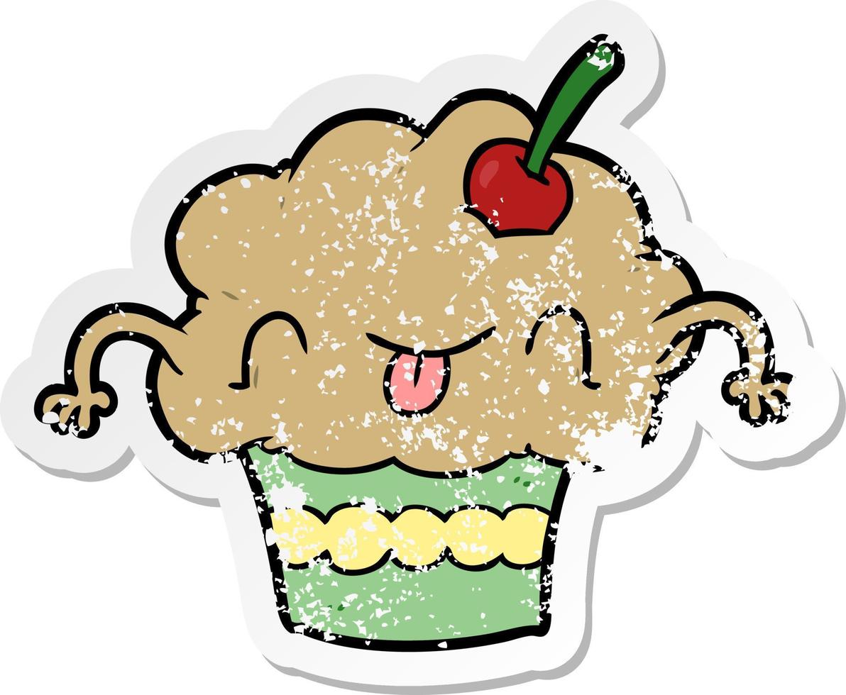 distressed sticker of a cartoon cupcake vector