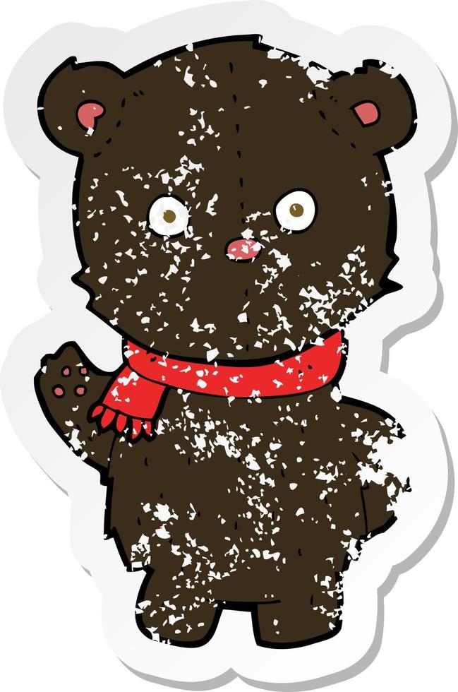 retro distressed sticker of a cartoon waving black bear cub vector