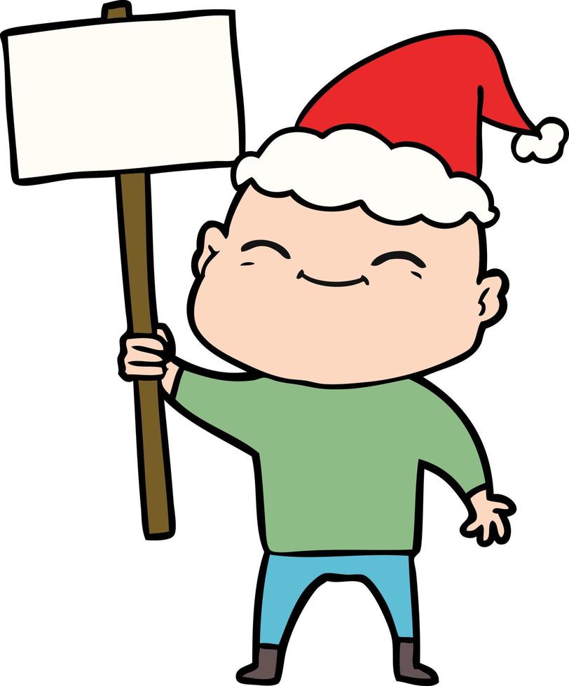 happy line drawing of a bald man wearing santa hat vector