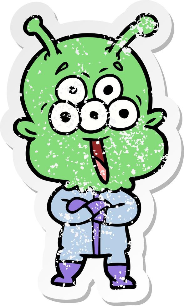 distressed sticker of a happy cartoon alien vector