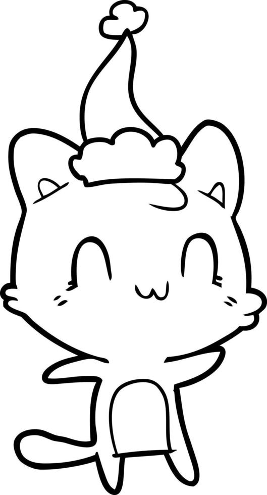 dibujo lineal de un gato feliz con sombrero de santa vector