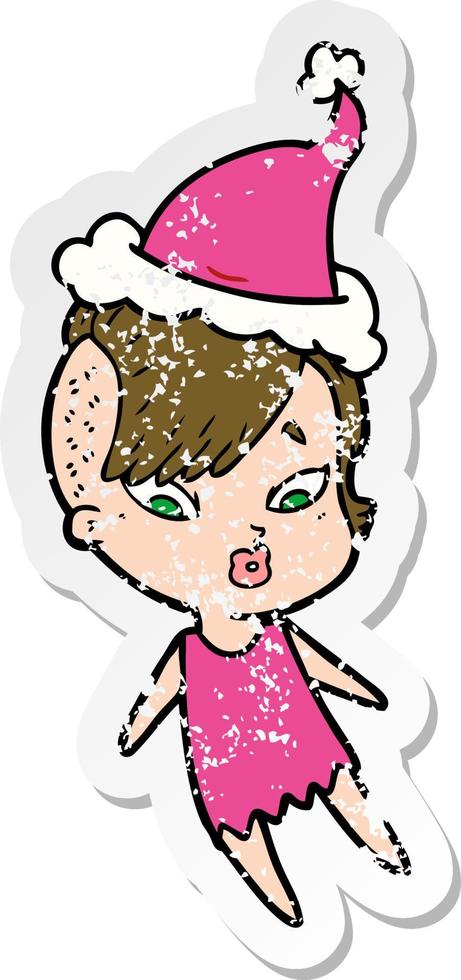 distressed sticker cartoon of a surprised girl wearing santa hat vector