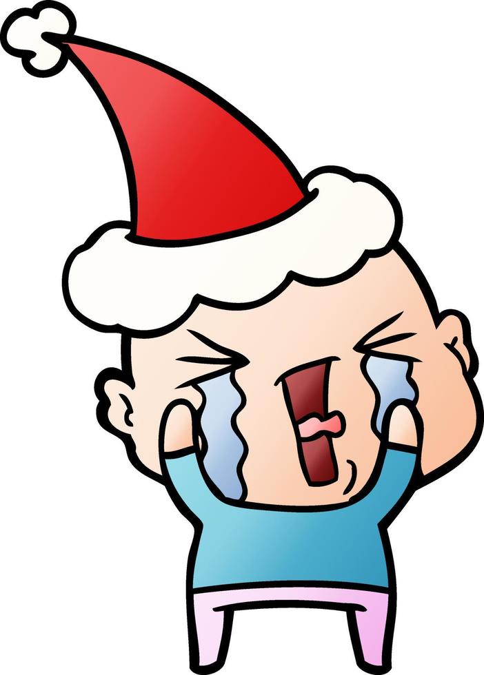 gradient cartoon of a crying bald man wearing santa hat vector