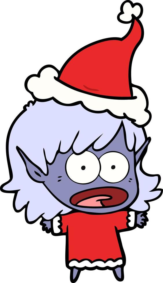 line drawing of a shocked elf girl wearing santa hat vector