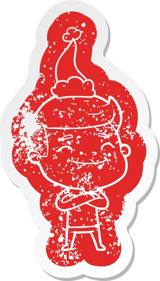 happy cartoon distressed sticker of a man wearing santa hat vector