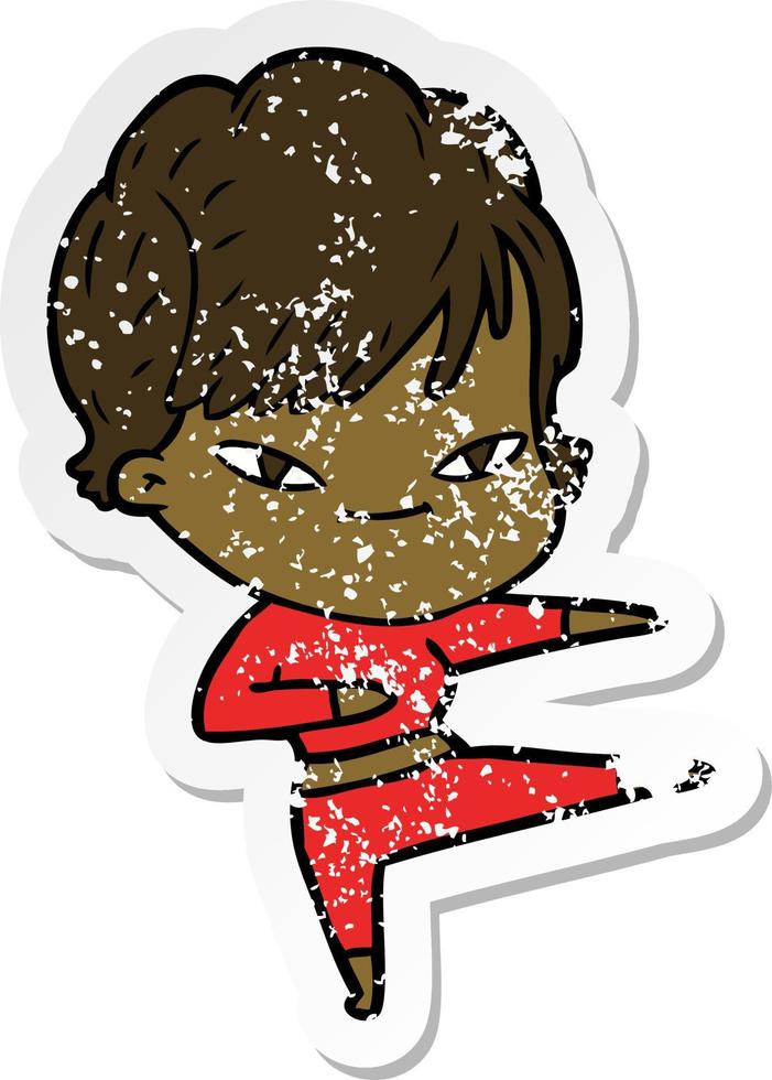 distressed sticker of a cartoon happy woman vector