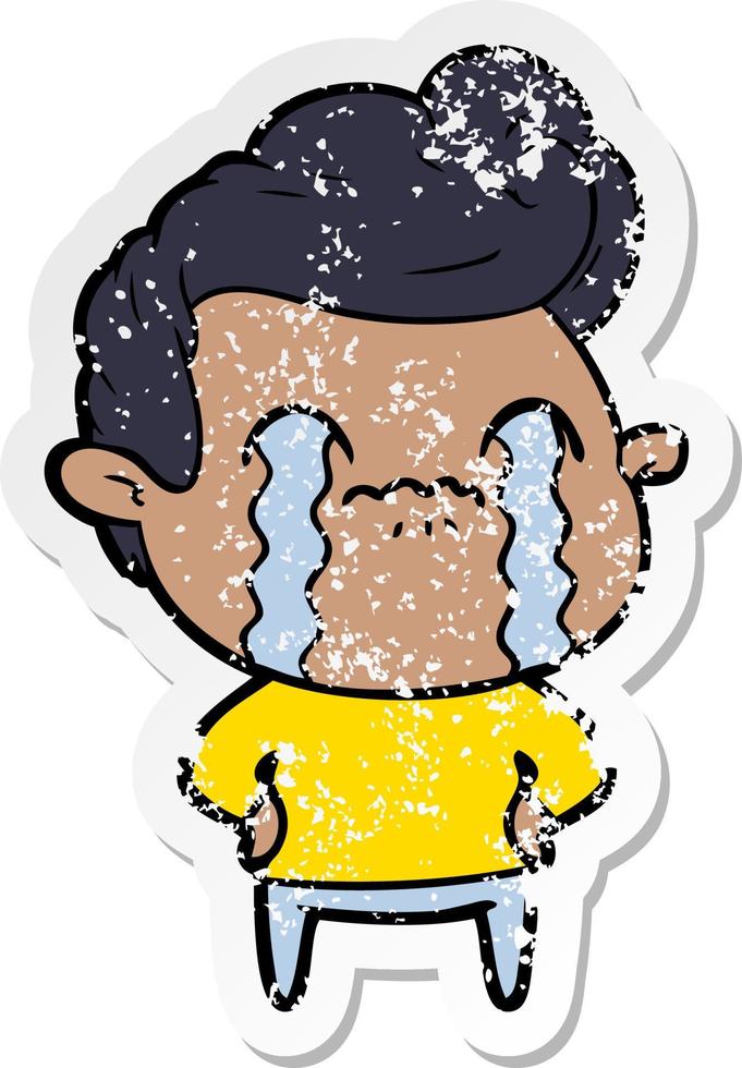 distressed sticker of a cartoon man crying vector