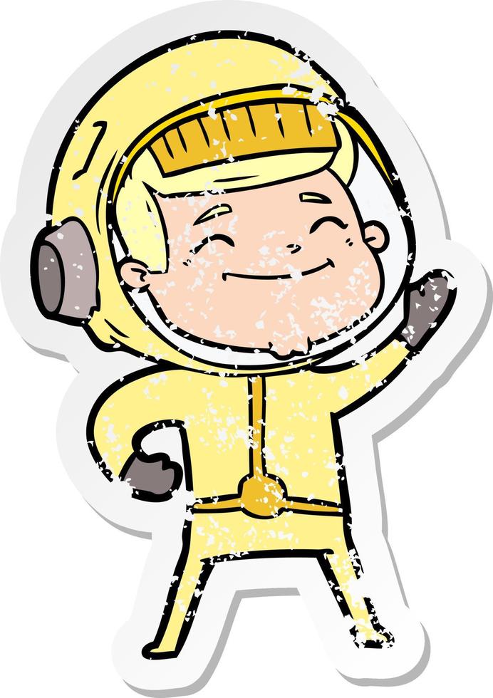 distressed sticker of a happy cartoon astronaut vector