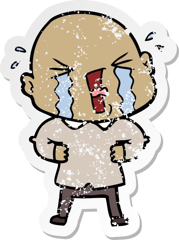 distressed sticker of a cartoon crying bald man vector