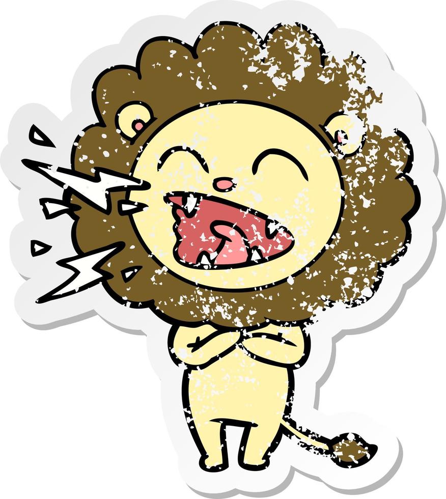 distressed sticker of a cartoon roaring lion vector
