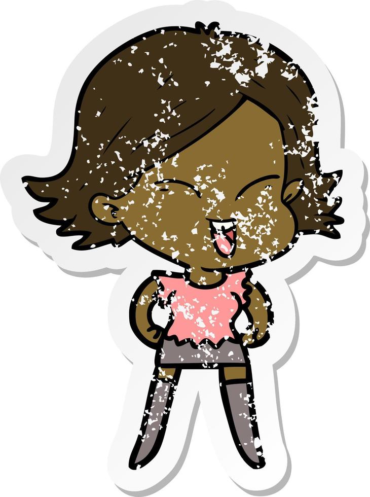 distressed sticker of a happy cartoon girl vector