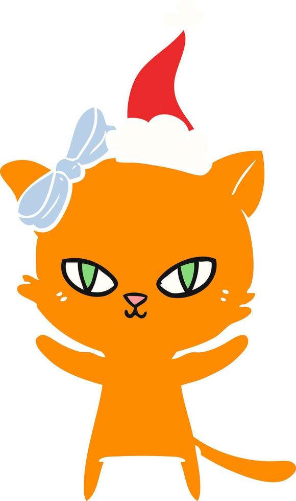 cute flat color illustration of a cat wearing santa hat vector