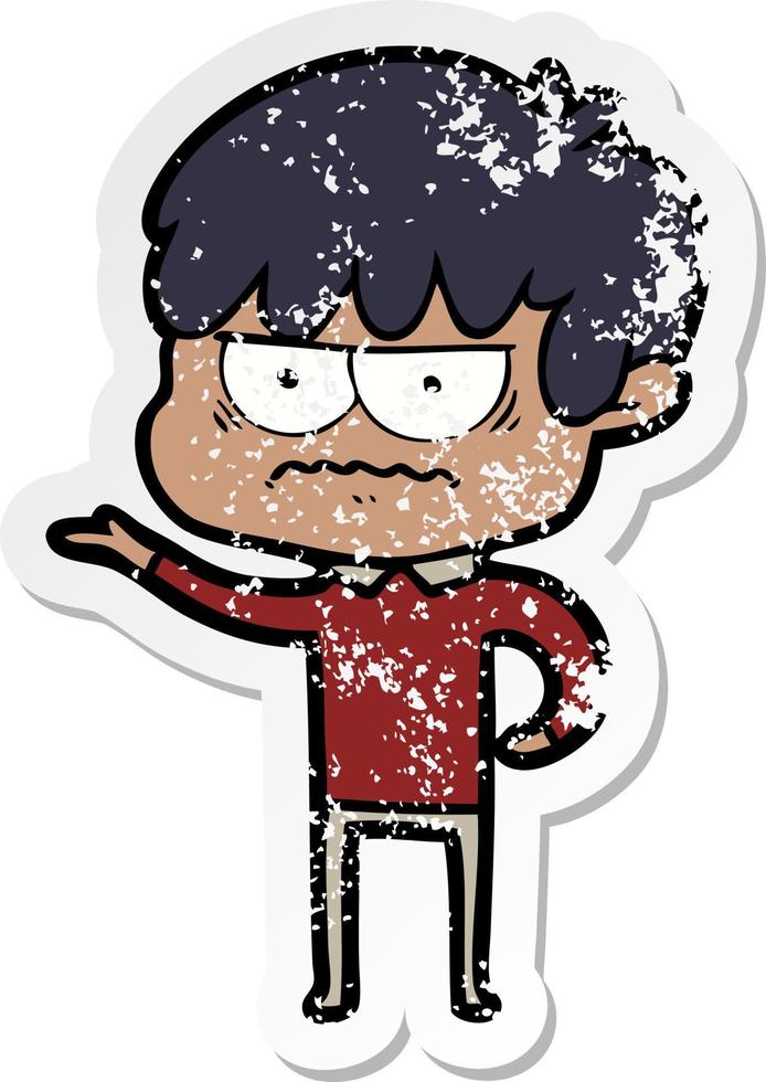 distressed sticker of a annoyed cartoon boy vector