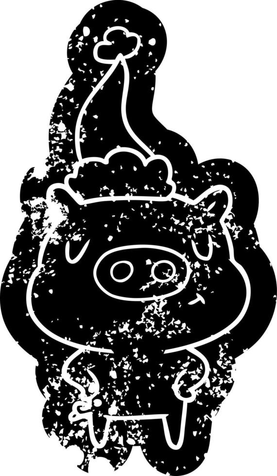cartoon distressed icon of a content pig wearing santa hat vector