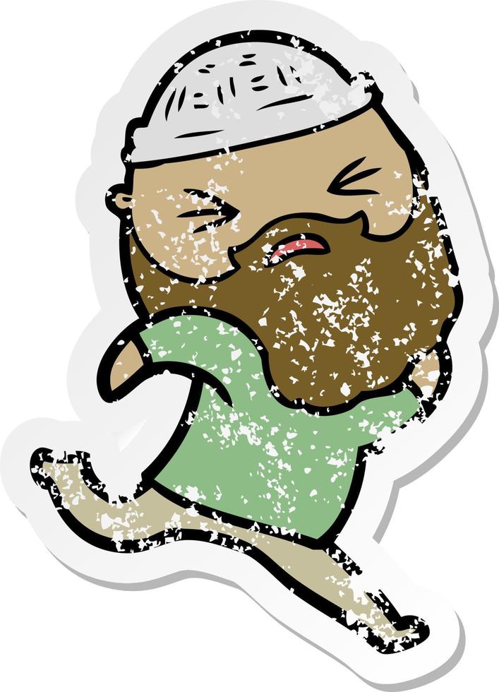 distressed sticker of a cartoon man with beard vector