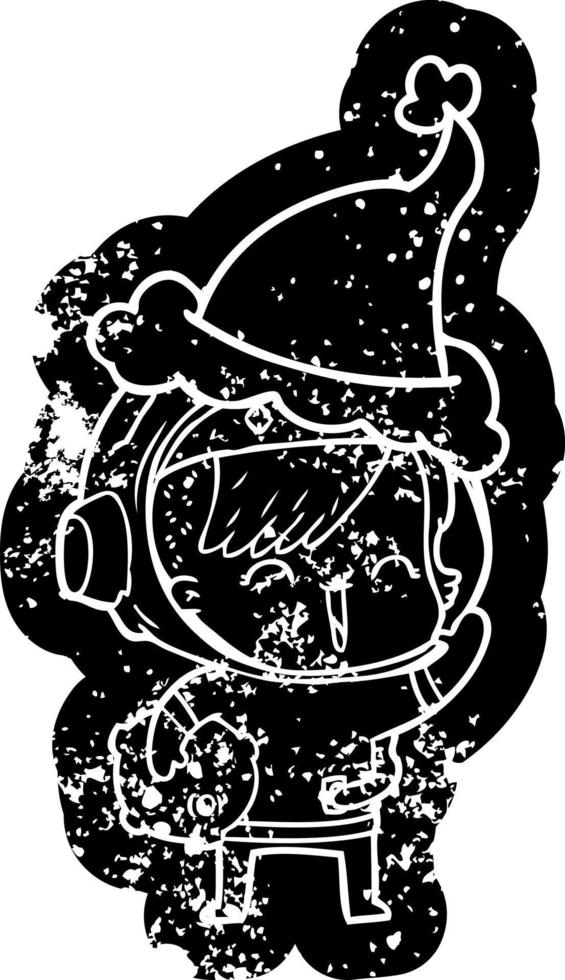 cartoon distressed icon of a happy spacegirl holding moon rock wearing santa hat vector