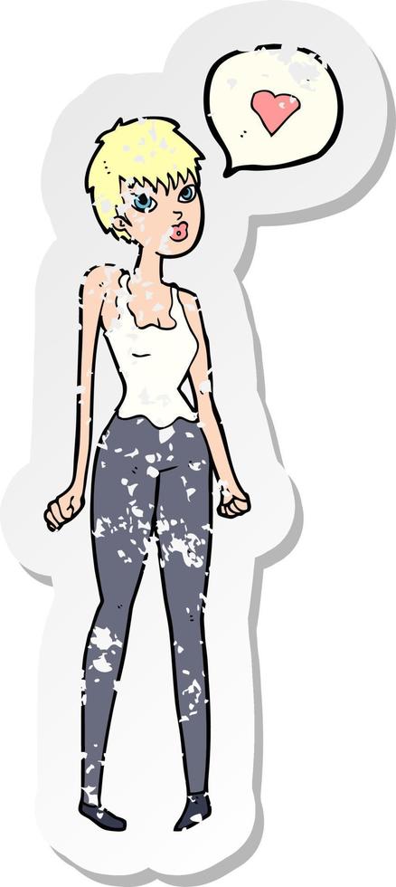 retro distressed sticker of a cartoon woman in love vector