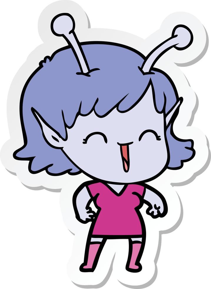 sticker of a cartoon alien girl laughing vector