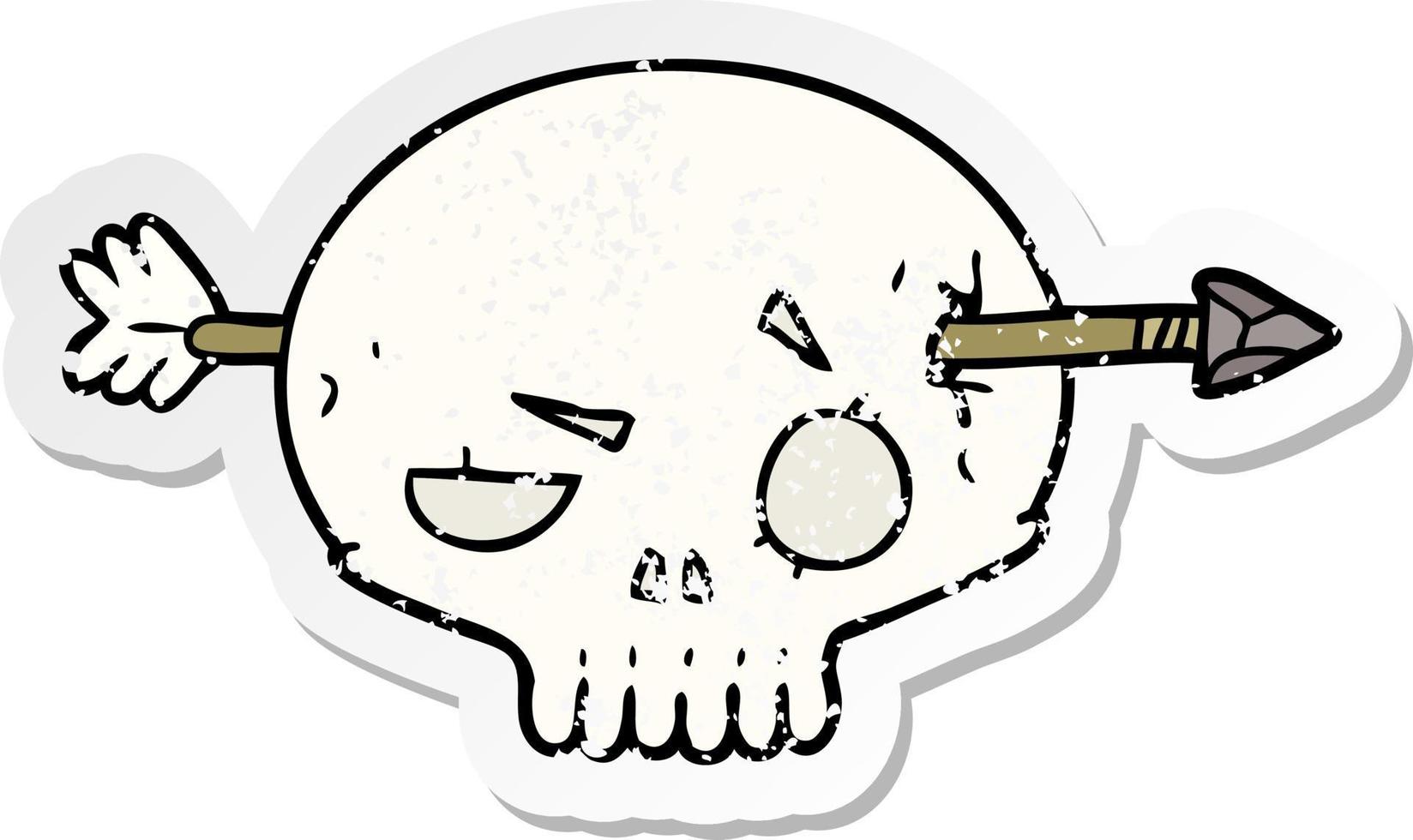 distressed sticker of a cartoon skull with arrow vector