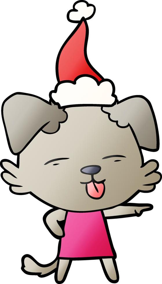 gradient cartoon of a dog sticking out tongue wearing santa hat vector