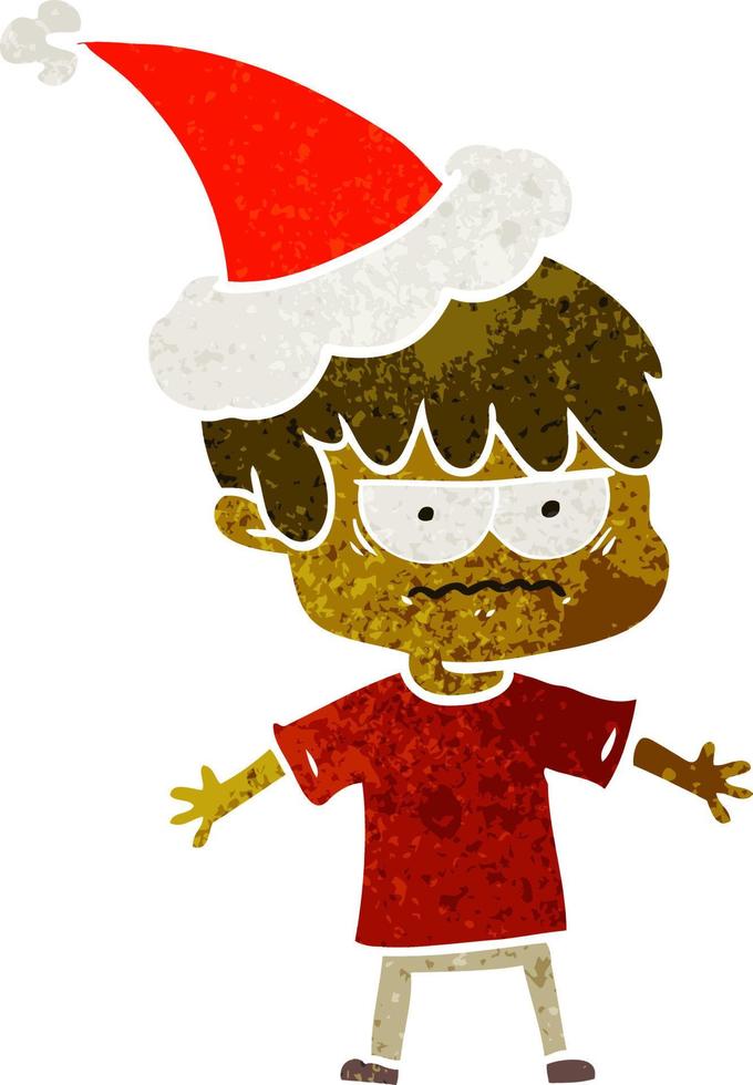 annoyed retro cartoon of a boy wearing santa hat vector