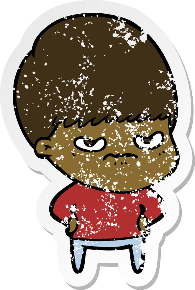 distressed sticker of a annoyed cartoon boy vector