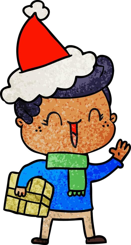 textured cartoon of a laughing boy wearing santa hat vector