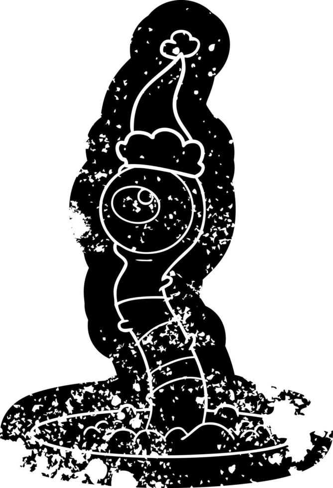 cartoon distressed icon of a alien swamp monster wearing santa hat vector