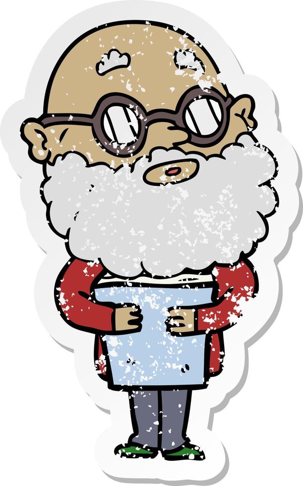 distressed sticker of a cartoon curious man with beard and glasses vector