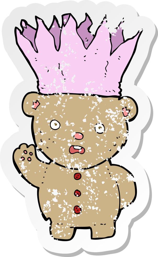 retro distressed sticker of a cartoon teddy bear wearing paper crown vector