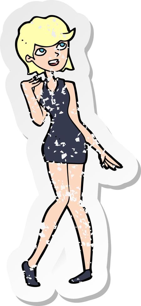 retro distressed sticker of a cartoon woman in cocktail dress vector