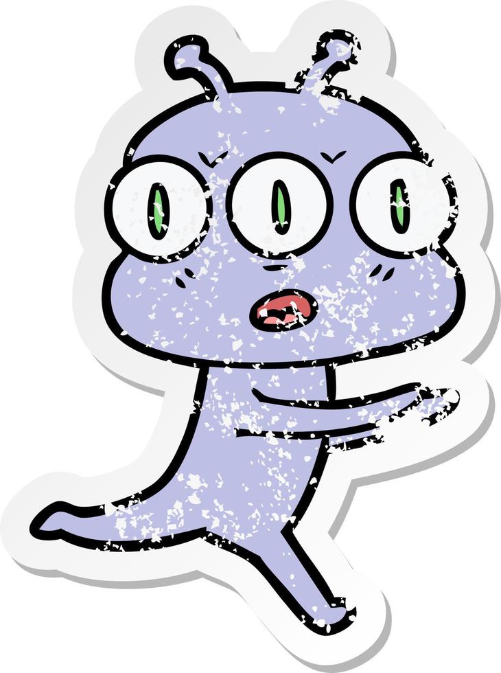 pegatina angustiada de un alienígena de tres ojos de dibujos animados vector