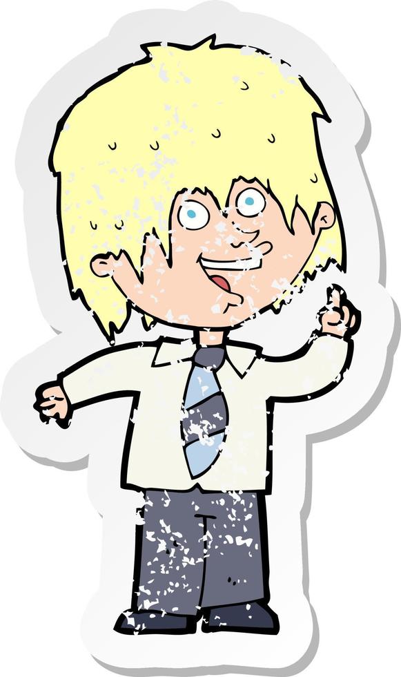 retro distressed sticker of a cartoon school boy with idea vector