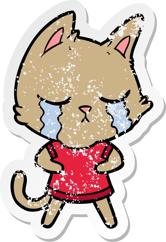 distressed sticker of a crying cartoon cat vector