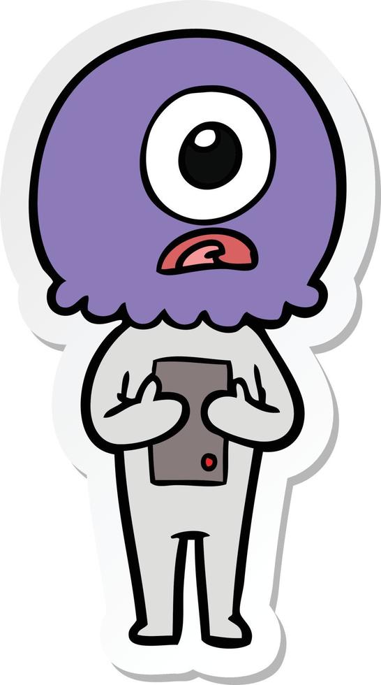 sticker of a cartoon cyclops alien spaceman vector