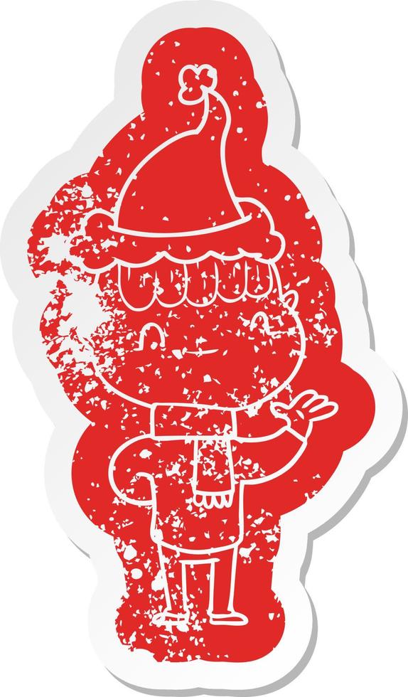 cartoon distressed sticker of a friendly boy wearing santa hat vector
