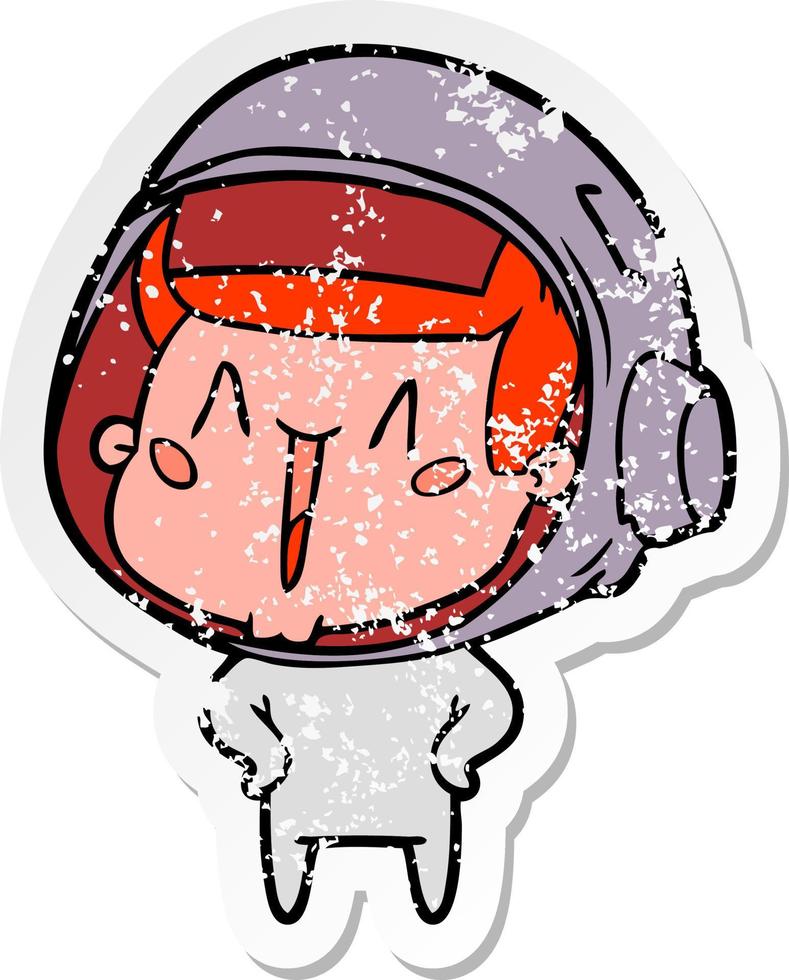 distressed sticker of a happy cartoon astronaut vector