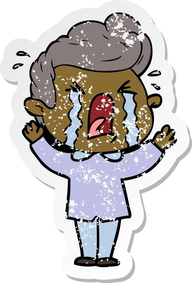 distressed sticker of a cartoon crying man vector