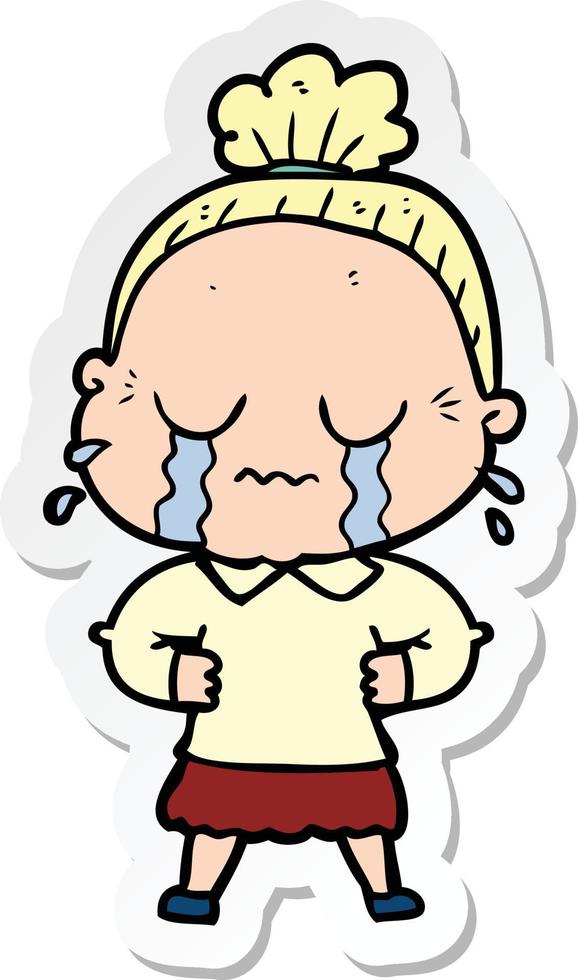 sticker of a cartoon crying old lady vector