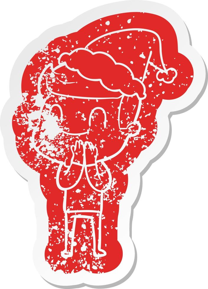 cartoon distressed sticker of a friendly man wearing santa hat vector