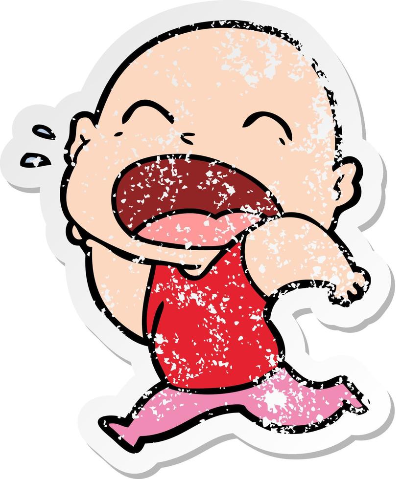 distressed sticker of a cartoon shouting bald man vector