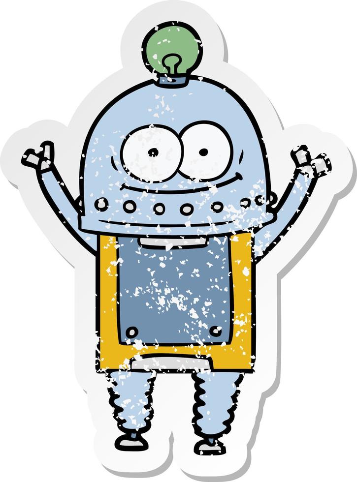 distressed sticker of a happy carton robot with light bulb vector