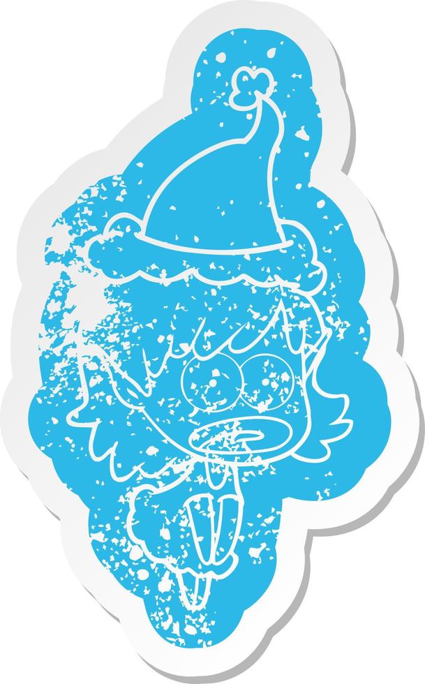 cartoon distressed sticker of a shocked elf girl wearing santa hat vector