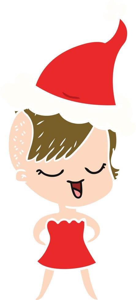 happy flat color illustration of a girl in cocktail dress wearing santa hat vector