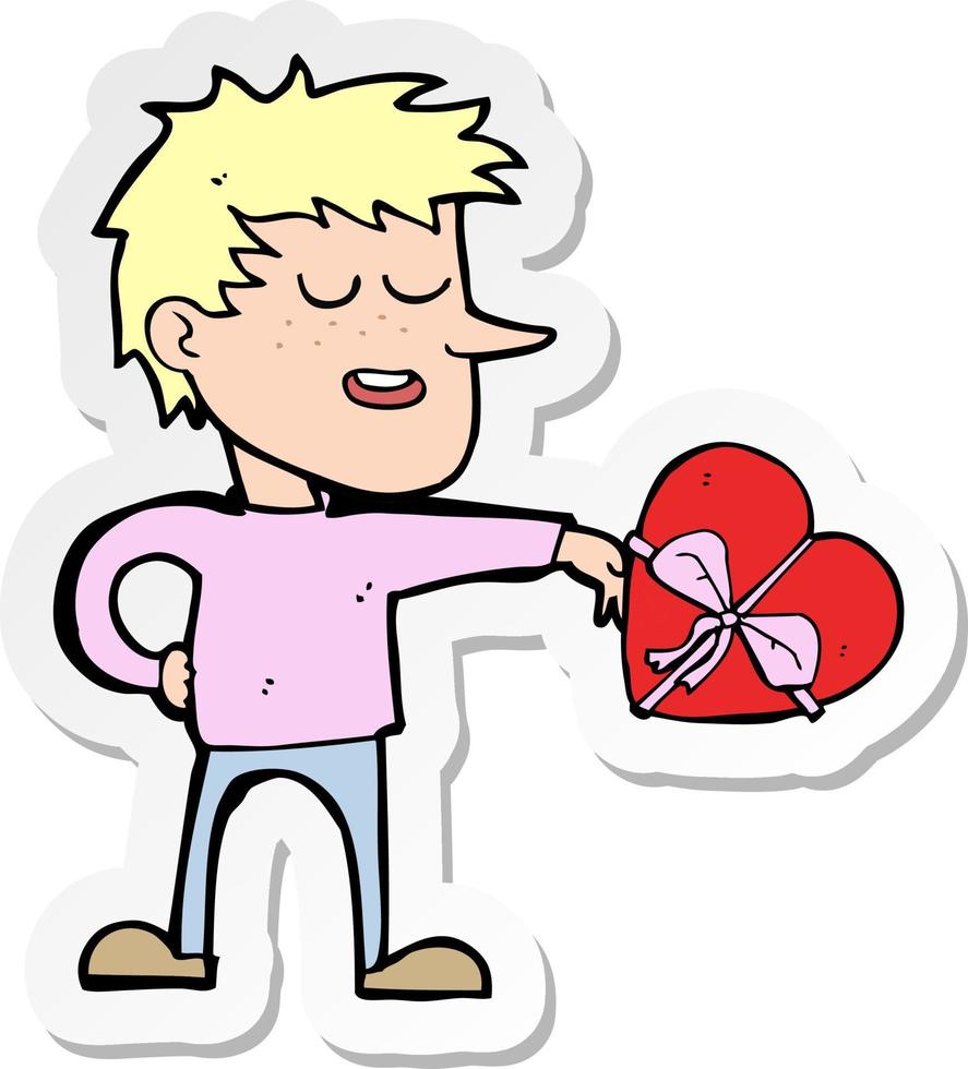 sticker of a cartoon man with valentine gift vector